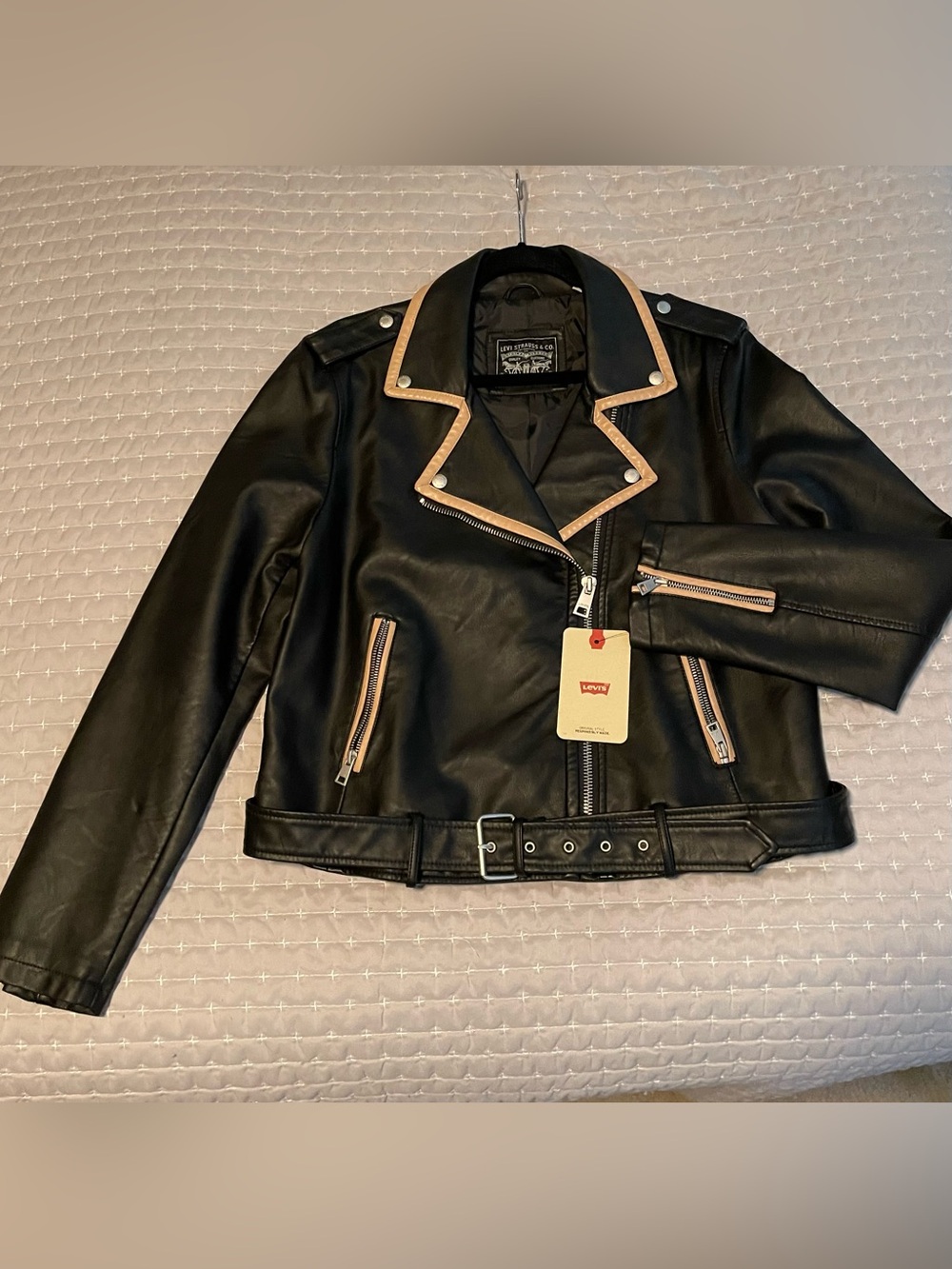 NWT - Levi's Black Faux Leather Moto Jacket with Tan Trim XL